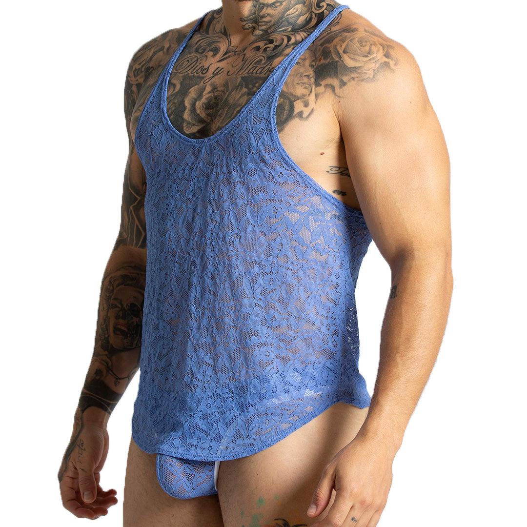 PARADISE BLUE TANK - Sexy blue lace t-shirt for men, sleeveless chemise