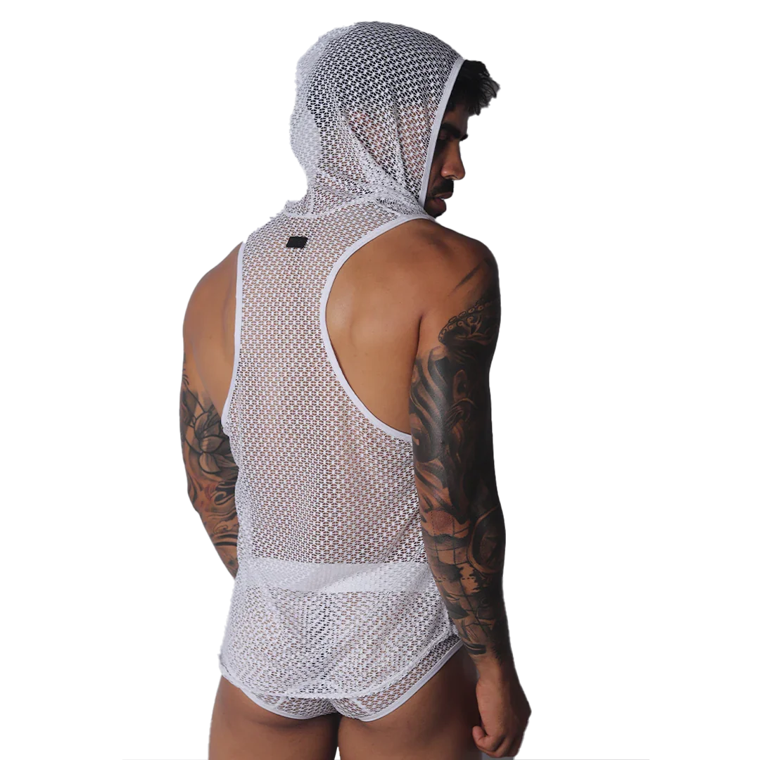 Provocative White Hoody Tshirt on model by Gigo Underwear