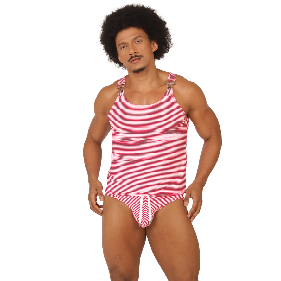 Rank Red Tank on model by Gigo Underwear