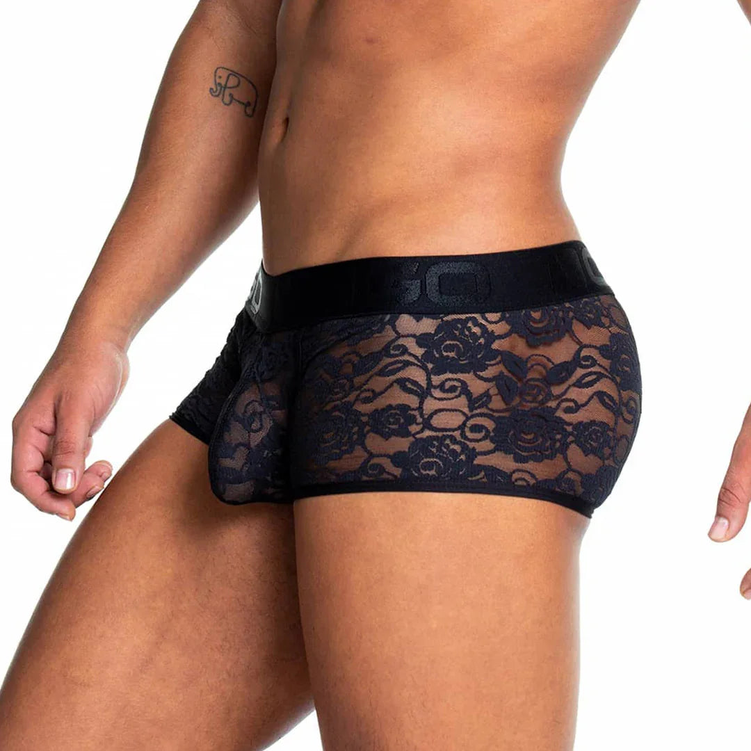 Gigo Redemotion Black men's underwear trunk with floral lace, black waistband and short leg openings.