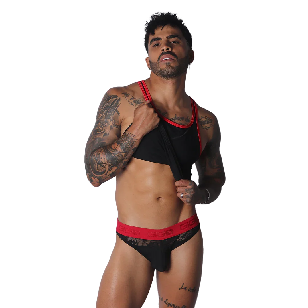 Romantic Black Tank on model by Gigo Underwear