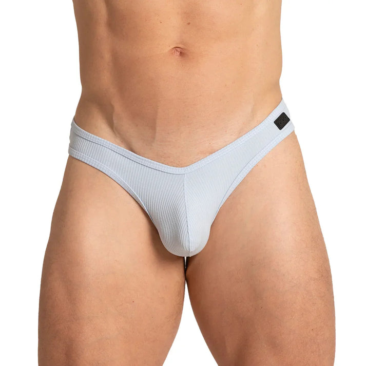Front view of Gigo Soft Blue G String with pale blue ribbed fabric and a shaped front pouch.