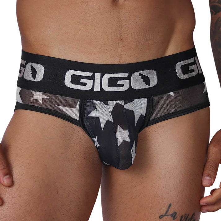 Star White Brief with transparent black mesh fabric and white star details