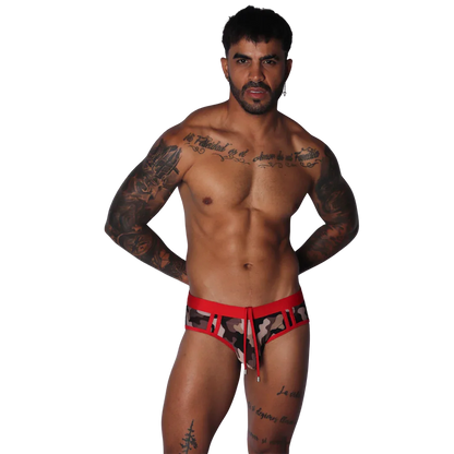 Trend Red Swim Brief on model by Gigo Underwear