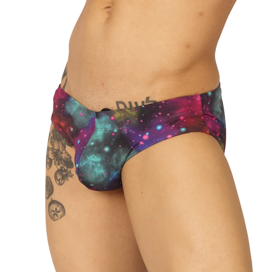 Gigo UNIVERSE SWIMBRIEF side view showing a colorful men’s swim brief with a close fit and clean waistline