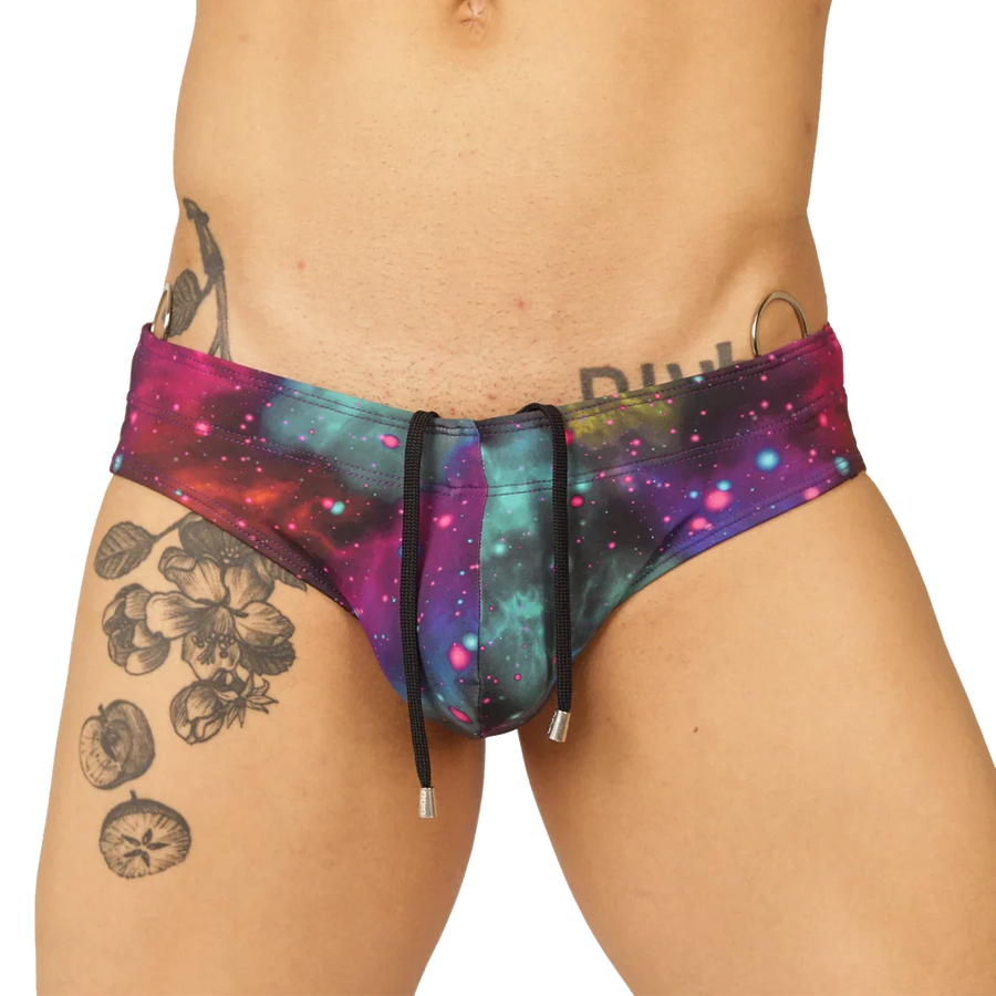 Gigo UNIVERSE SWIMBRIEF front view showing colorful galaxy print men’s swimwear with a close and supportive fit